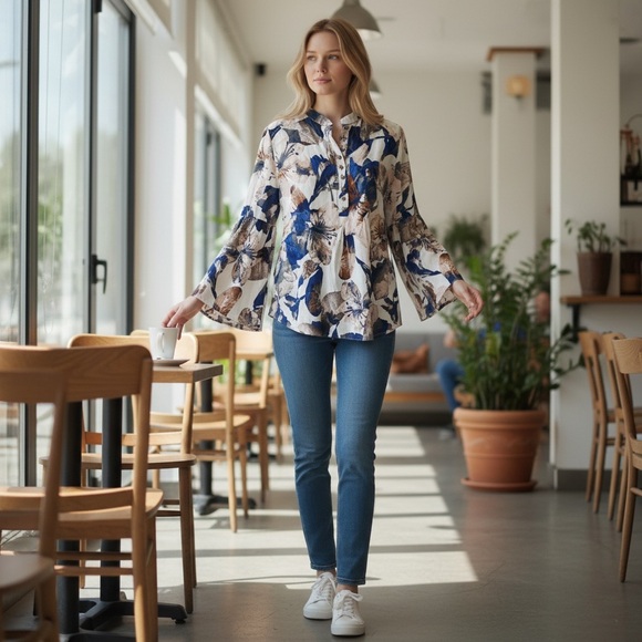 entro Tops - Entro Blue and White Floral Top